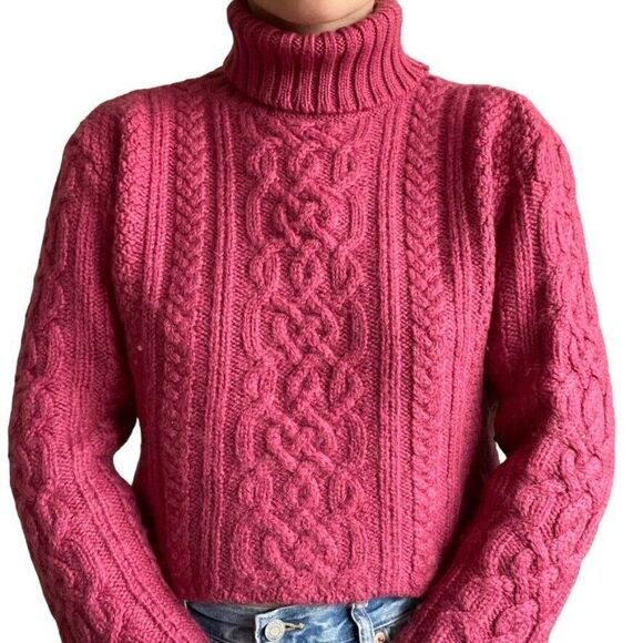 Paul James Womens Pink Wool Soft Cropped Fisherman Chunky Turtleneck Sweater - Picture 8 of 8